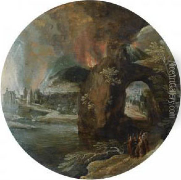 A Mountainous Landscape With 
Travellers In The Foreground Andthe Destruction Of Sodom And Gomorrah 
Beyond Oil Painting - Tobias van Haecht (see Verhaecht)