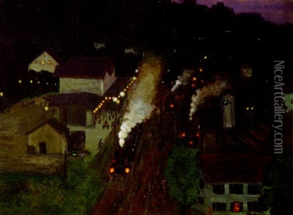 Bahnhof Bei Nacht Oil Painting - Ludwig Ferdinand Graf