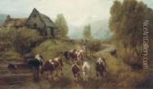 Cattle Fording A Mill Stream Oil Painting - Robert Watson