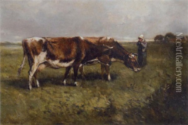 Cows Grazing With A Shepherd Girl Oil Painting - Anton Mauve
