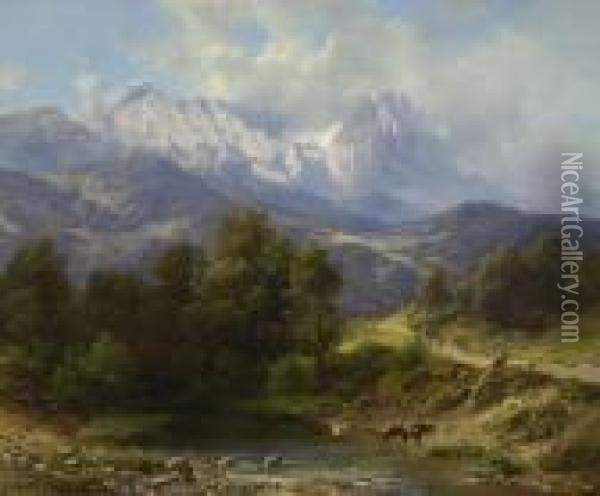 Blick Vom Riessersee Auf Die Zugspitze Oil Painting - Karl Millner