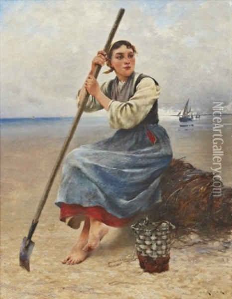 Musselplockerska I Normandie Oil Painting - August Vilhelm Nikolaus Hagborg