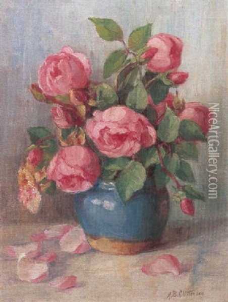 Red Roses In A Blue Vase Oil Painting - Alice Brown Chittenden