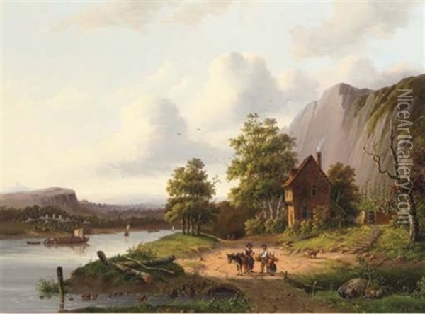 A Mountainous Landscape In Summer Oil Painting - Anthony Andreas de Meyer