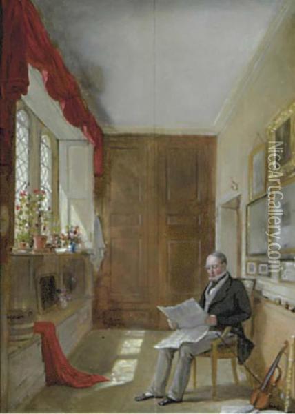 A Gentleman Reading In An Interior Oil Painting - James Digman Wingfield