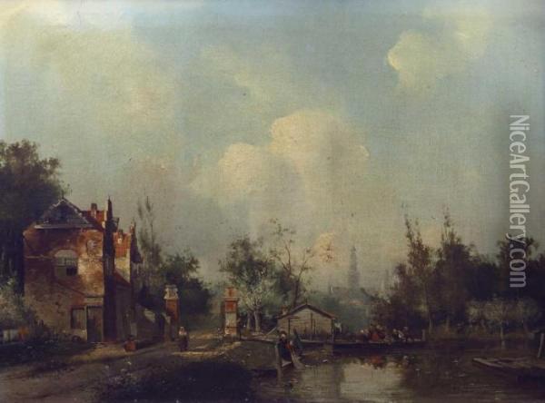 Hollandische Dorfstrase Am Kleinen Kanal, Mit Personenstaffage Oil Painting - Adrianus David Hilleveld