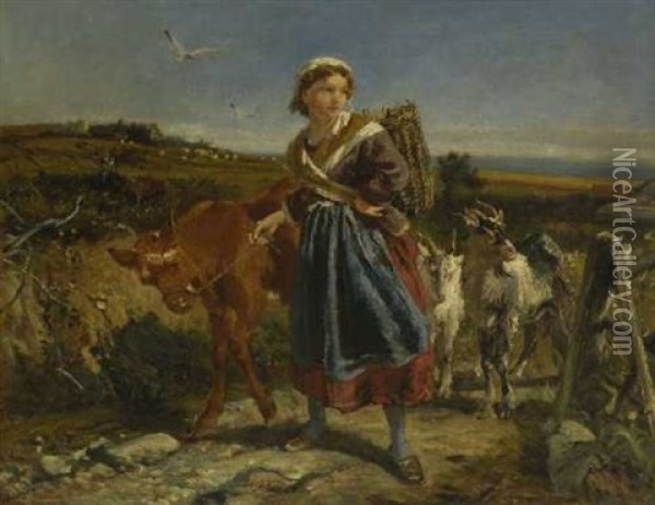Junge Hirtin Mit Kalb Und Ziegen Oil Painting - William Underhill