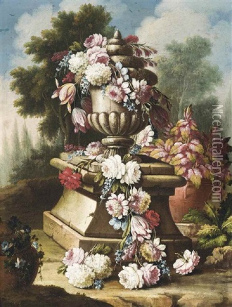 A Garland Of Flowers On A Sculpted Urn, In A Wooded Landscape Oil Painting - Giacomo Nani