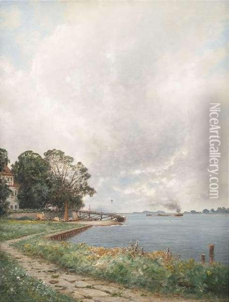 At The Lower Elbe With Landing Stage Zollenspieker. Oil Painting - Ascan Lutteroth