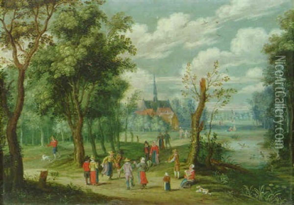 A Wooded Landscape With Peasants Dancing, A Hamlet Beyond Oil Painting - Isaac Van Oosten