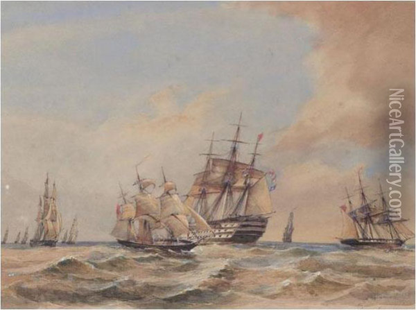 Men-o'-war In Choppy Seas Oil Painting - Thomas Bush Hardy
