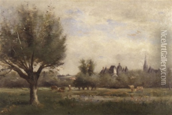Landschaft Mit Weidenden Kuhen Und Dorfsilhouette Oil Painting - Charles Edmond Renault
