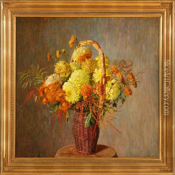 A Still Life With Yellow Flowers In A Jar On A Table Oil Painting - Hans Hansen