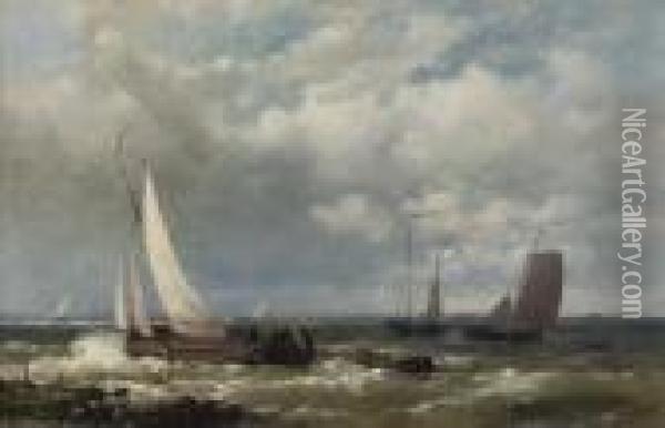 Sailing-vessels On A River Estuary: And A Calm Harbour In Late Afternoon Oil Painting - Abraham Hulk Jun.