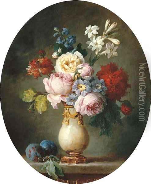 A vase of flowers and two plums on a marble tabletop Oil Painting - Anne Vallayer-Coster