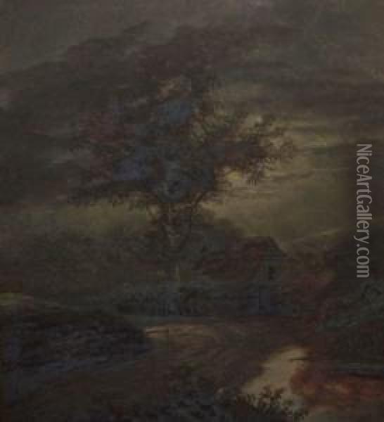 Moonlit Landscape With Cottage Oil Painting - Charles Morris