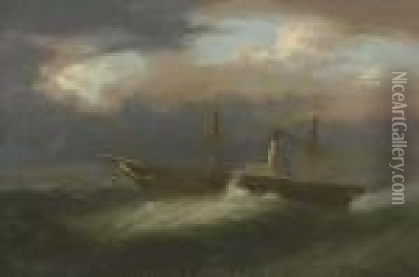 A Paddle Steamer Caught In A Gale Passing A Lighthouse Oil Painting - Samuel Walters