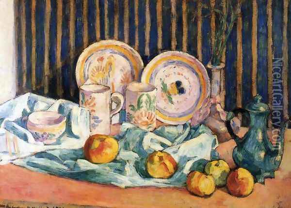 Still Life with Teapot, Apples and Dishes Oil Painting - Emile Bernard