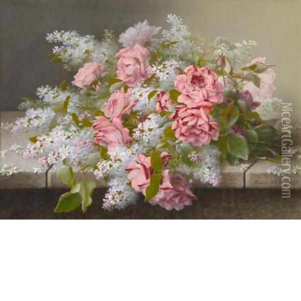 A Still Life With Roses And Lilacs On A Stone Oil Painting - Raoul Maucherat de Longpre