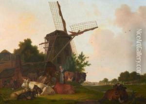 Vachere Et Son Troupeau Au Pied D'un Moulin Oil Painting - Barent Hendrik Thier