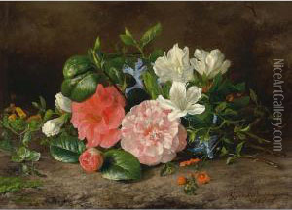 A Flower Still Life With Roses And Hellebore Oil Painting - Geraldine Jacoba Van De Sande Bakhuyzen