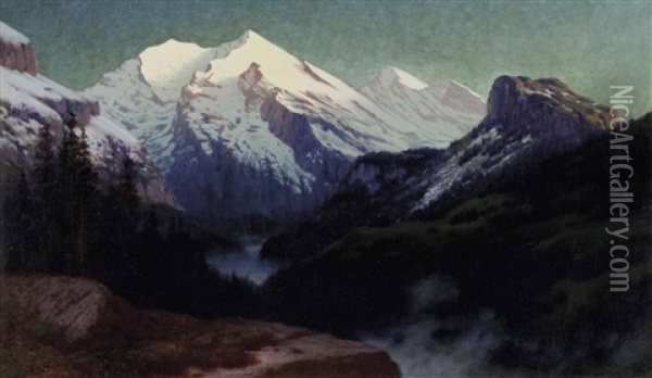 Abendstimmung Uber Alpental Mit Hochgebirge Oil Painting - Traugott Hermann Ruedisuehli