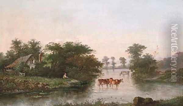 A herder watering cattle by a riverside cottage Oil Painting - Henry John Boddington