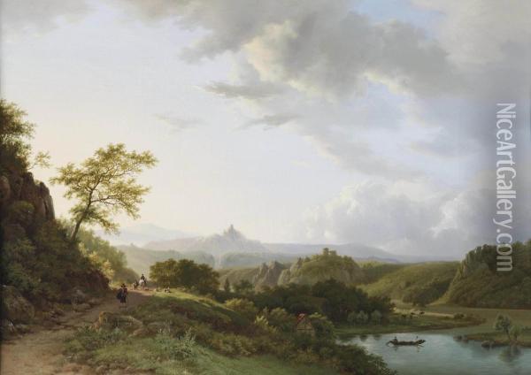 A Panoramic Summer Landscape With Travellers And A Castle Ruin In The Distance Oil Painting - Barend Cornelis Koekkoek