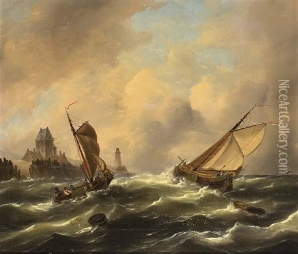 Sailing Vessels Off The Coast Oil Painting - Govert Van Emmerik