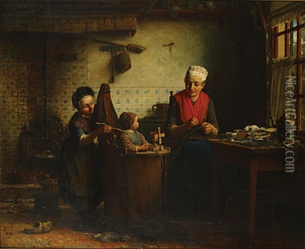 Moeder Met Kinderen In Een Interieur Oil Painting - Hendrik Valkenburg