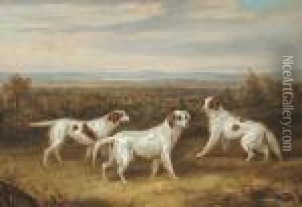 Three Setters In A Landscape Oil Painting - William Webb