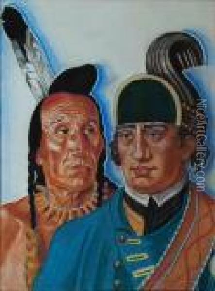 Dustjacket Illustration: Heads Of Major Rogers And Indian Chief. Oil Painting - Winold Reiss