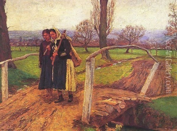 Gypsy Women on the Bridge (On the Way Home) 1911 Oil Painting - Kann Gyula Kosztolanyi