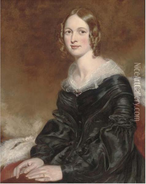 Portrait Of A Lady, Seated Three-quarter-length, In A Black Dresswith Lace Trim Oil Painting - George Richmond