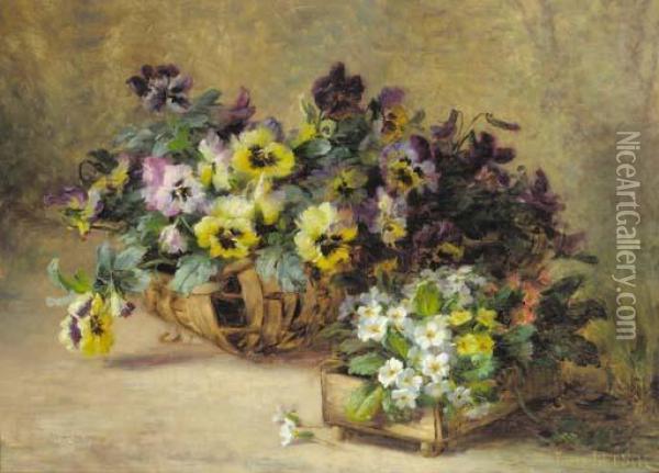 A Still Life With Violets And Primulas In Baskets Oil Painting - Louis Letsch