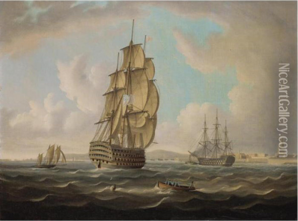 Men-of-war Off Portsmouth Harbour Oil Painting - Thomas Buttersworth