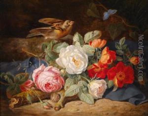 Blumenstuck Am Waldboden Mit Rosen Oil Painting - Josef Lauer