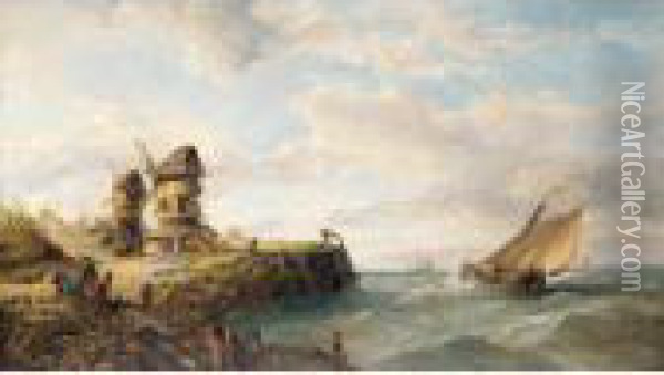 A Dutch Barge Off The Coast Oil Painting - John James Wilson