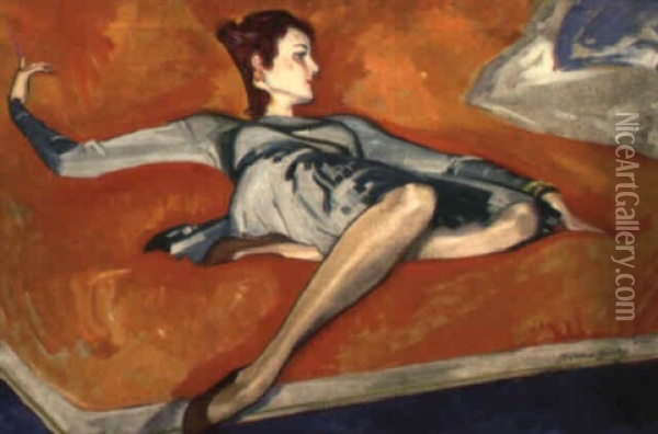 Langourous Woman On Orange Bed Oil Painting - Mcclelland Barclay