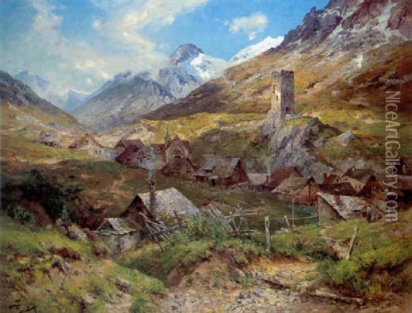 Blick Auf Hospental (kanton Uri) Mit Ruine Oil Painting - Jacques Matthias Schenker