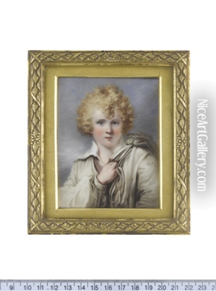 The Little Man Of Kent, Wearing White Open Chemise, Supporting A Fern Green Saddle Bag On His Back With His Right Hand, His Blond Curling Hair Worn Loose (after Ozias Humphry) Oil Painting - Henry Bone