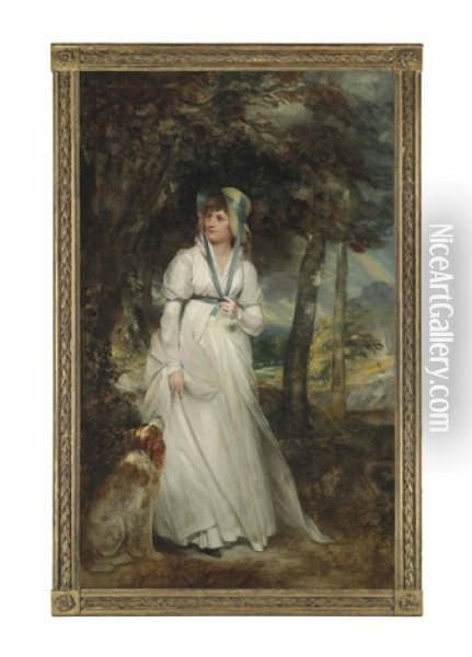 Portrait Of Miss Hadfield, Full-length, In A White Dress With A Blue Ribbon And Hat, With A Spaniel In A Park Landscape Oil Painting - Sir William Beechey