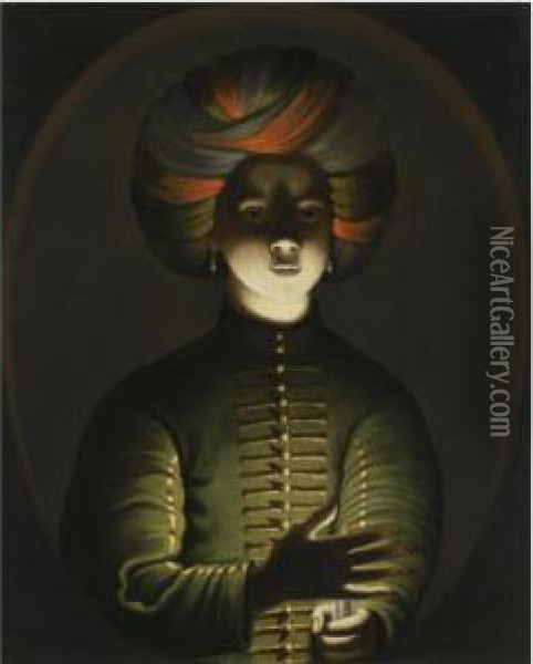 A Young Girl Wearing A Turban And Holding A Candle Oil Painting - Wolfgang Heimbach