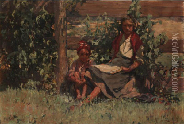 Two Children In A Summer Landscape Oil Painting - Istvan Mero