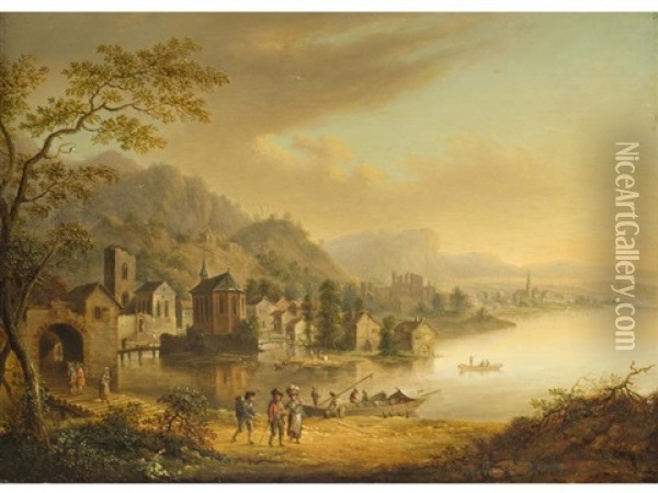 Flusslandschaft Mit Uferbebauung Und Ruine Oil Painting - Christian Georg Schuetz the Younger