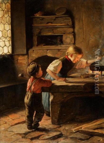 Zwei Kinder Am Feuerherd Oil Painting - Emil Strecker
