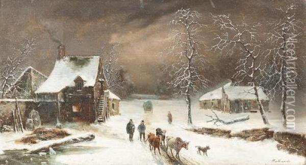 Abendliche Winterlandschaft Bei Einem Weiler. Oil Painting - Louis-Claude Mallebranche