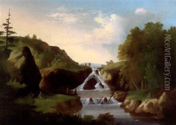 Hudson River Landscape With Two Fishermen Oil Painting - Edmund C. Coates