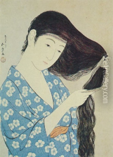 A Half Length Portrait Of A Beauty Combing Her Hair Oil Painting - Goyo Hashiguchi