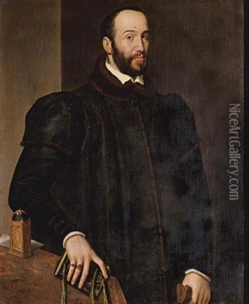 Portrait Of Antoine Perrenot De Granvelle Standing By A Table With A Clock, And Holding A Book In One Hand And A Glove In The Other Oil Painting - Antonis Mor Van Dashorst